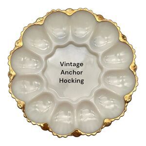Vintage Plate Anchor Hocking Fire King Milk Glass Deviled Egg Dish 22K Gold Trim